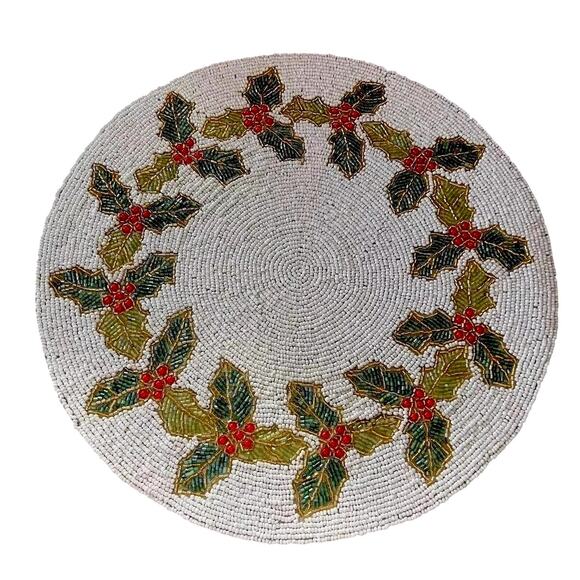Tiramisu Beaded 15in Christmas Placemat Charger Holiday Holly Berries NEW - Picture 1 of 7